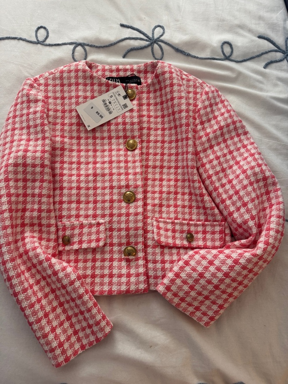 Zara Pink and White Houndstooth Tweed Blazer with Gold Buttons